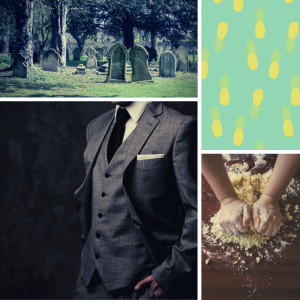 four images: tombstones; pinapple print; man in a suit; hands kneading flour